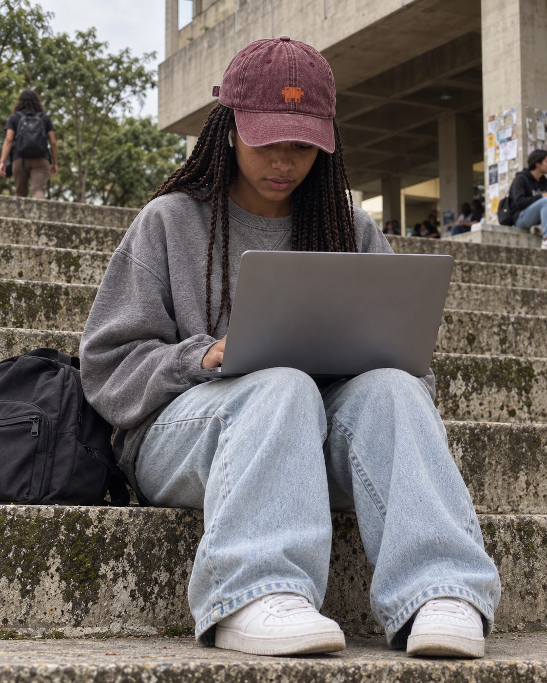 Moça programando na escadaria do campus, de boné Pixelguejo vinho