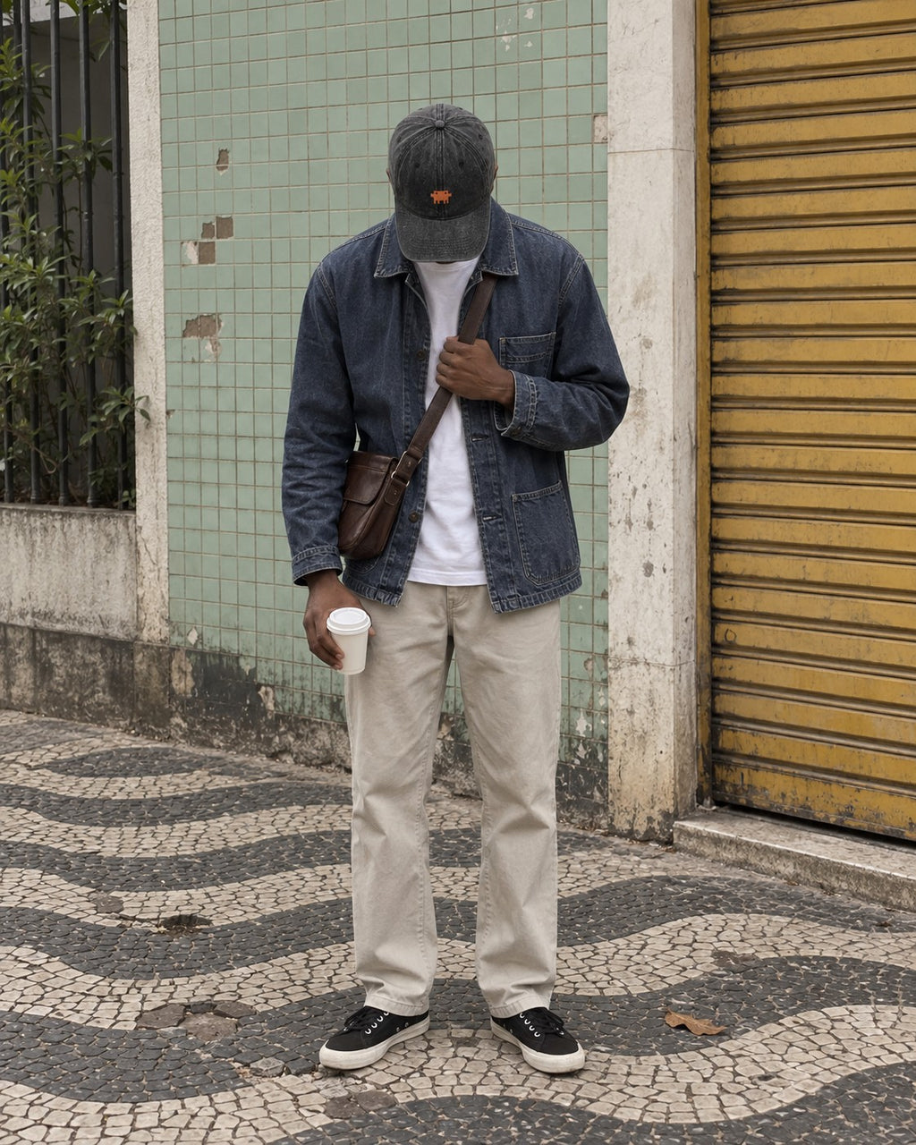 Rapaz de jaqueta jeans usando o boné Pixelguejo preto numa calçada de São Paulo