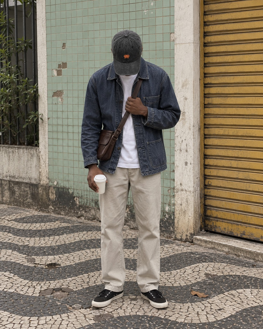 Rapaz de jaqueta jeans usando o boné Pixelguejo preto numa calçada de São Paulo