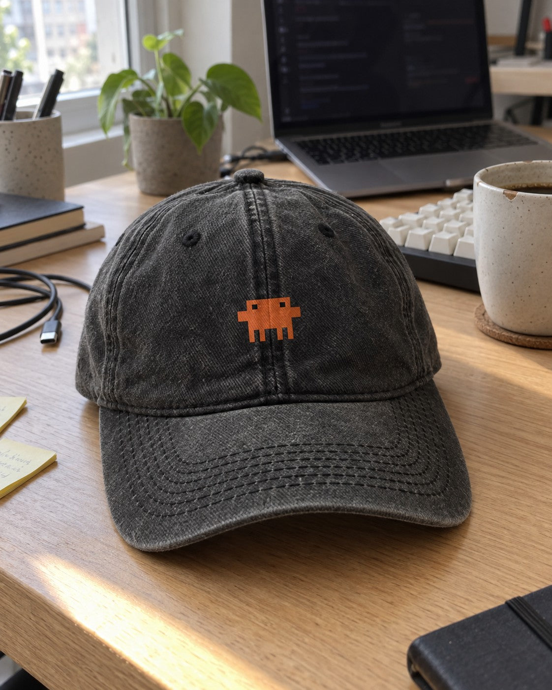 Boné Pixelguejo preto sobre a mesa de um home office, com notebook e teclado