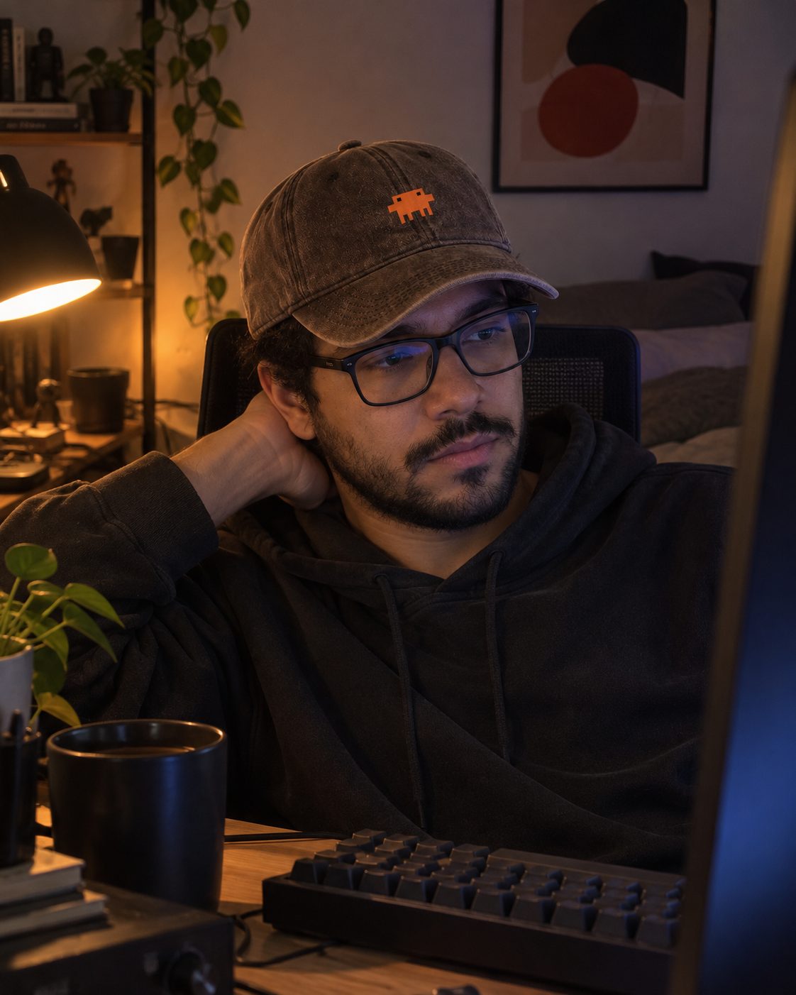 Rapaz de óculos no setup de madrugada, de boné Pixelguejo café