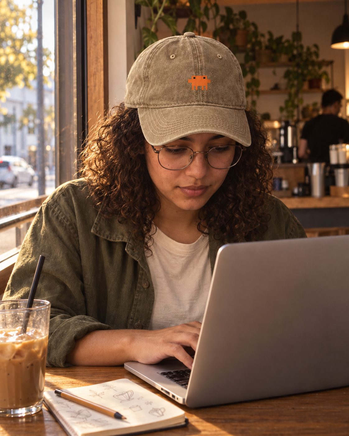 Moça programando num café, de boné Pixelguejo caqui